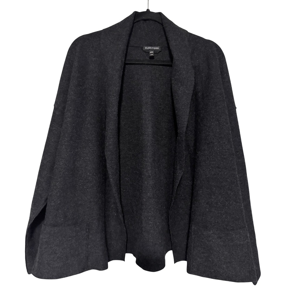 Eileen Fisher 100% Merino Wool Cardigan Open Front 2 Pockets Dark Gray Size M